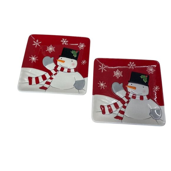 St. Nicholas Square Snowman Appetizer Plates Set Of 2 Red & White Ceramic - Picture 1 of 7